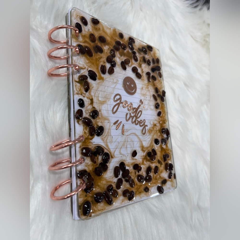 "Coffee-Inspired Resin Notebook: 'Good Vibes' Design for Positive Energy"